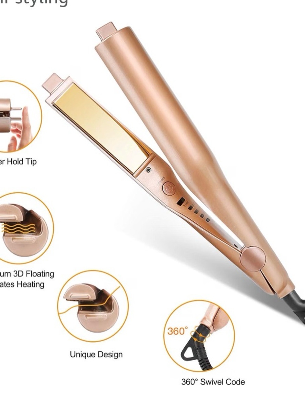 Rose Gold Women’s Hair Straightener Flat Iron with 360° Swivel Cord